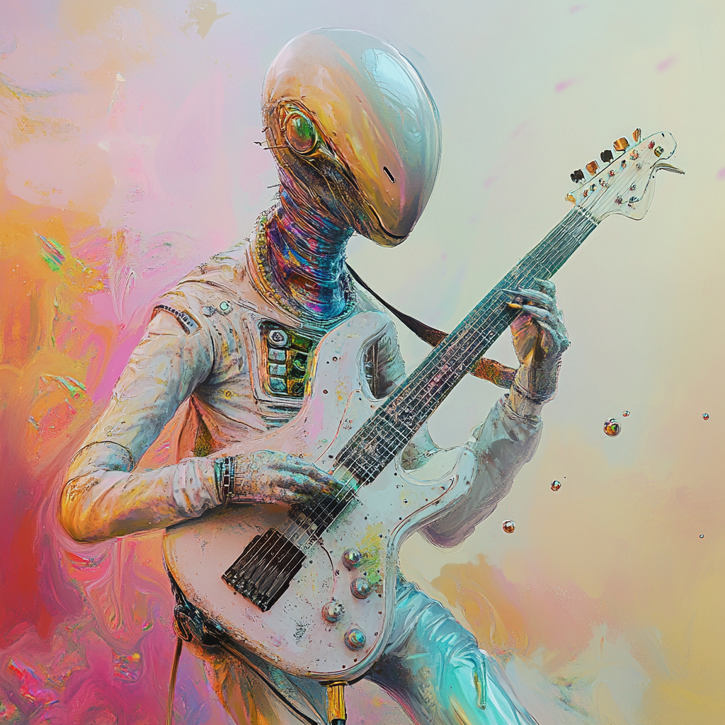 Alien musician plays cosmic jazz, colorful tentacles glow.