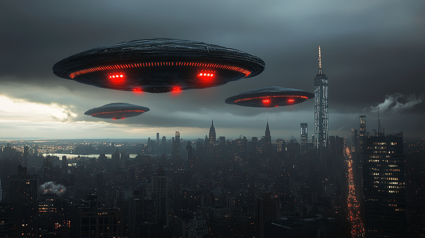 Alien spaceships with red lights over New York.