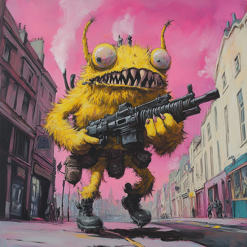 Alien with teeth and machine gun on street corner.