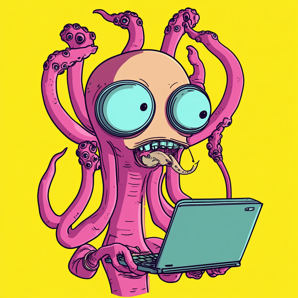 Alien with tentacles on laptop, cartoon style humor.