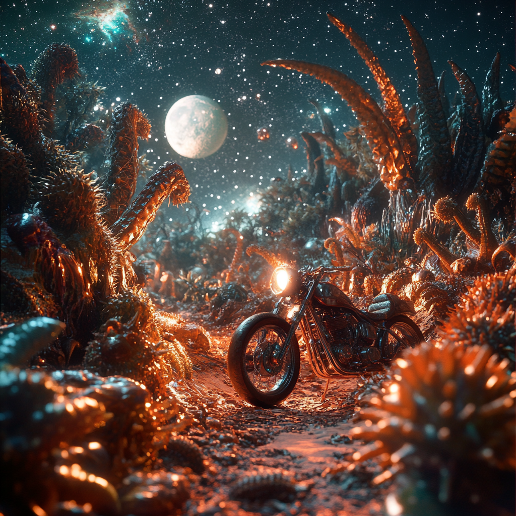 Aliens admiring motorcycle in surreal alien landscape.