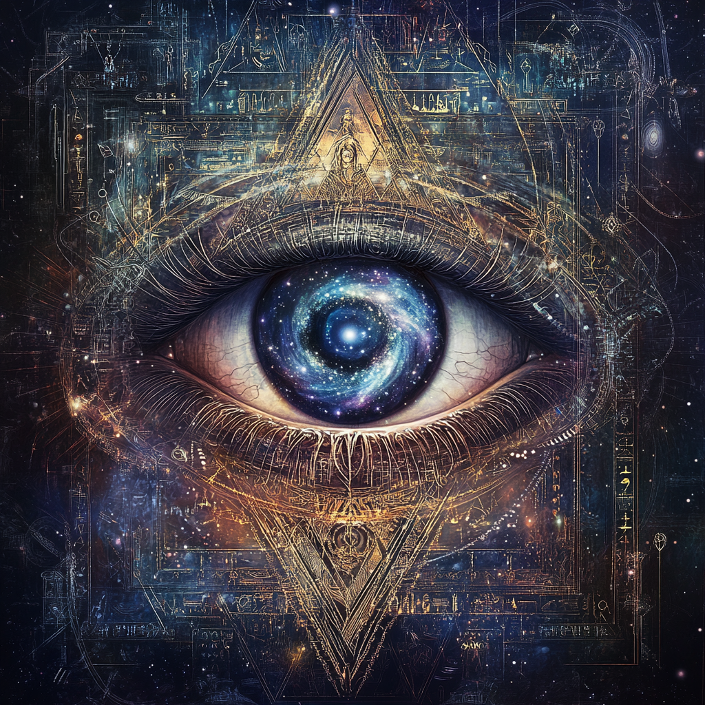 All-Seeing Eye Art with Galaxy Iris and Celestial Symbols