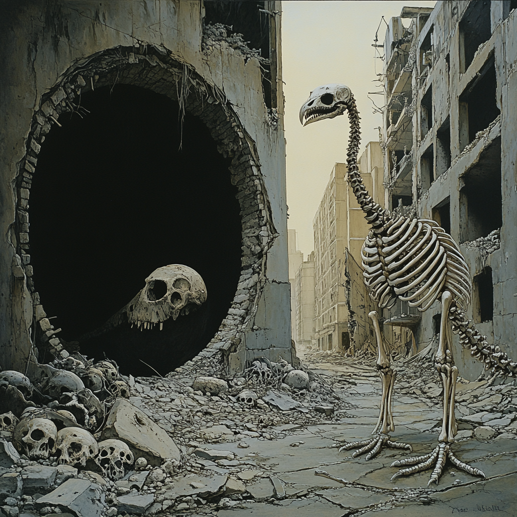 Alleyway with bones, dodo skeleton, and bombed building.