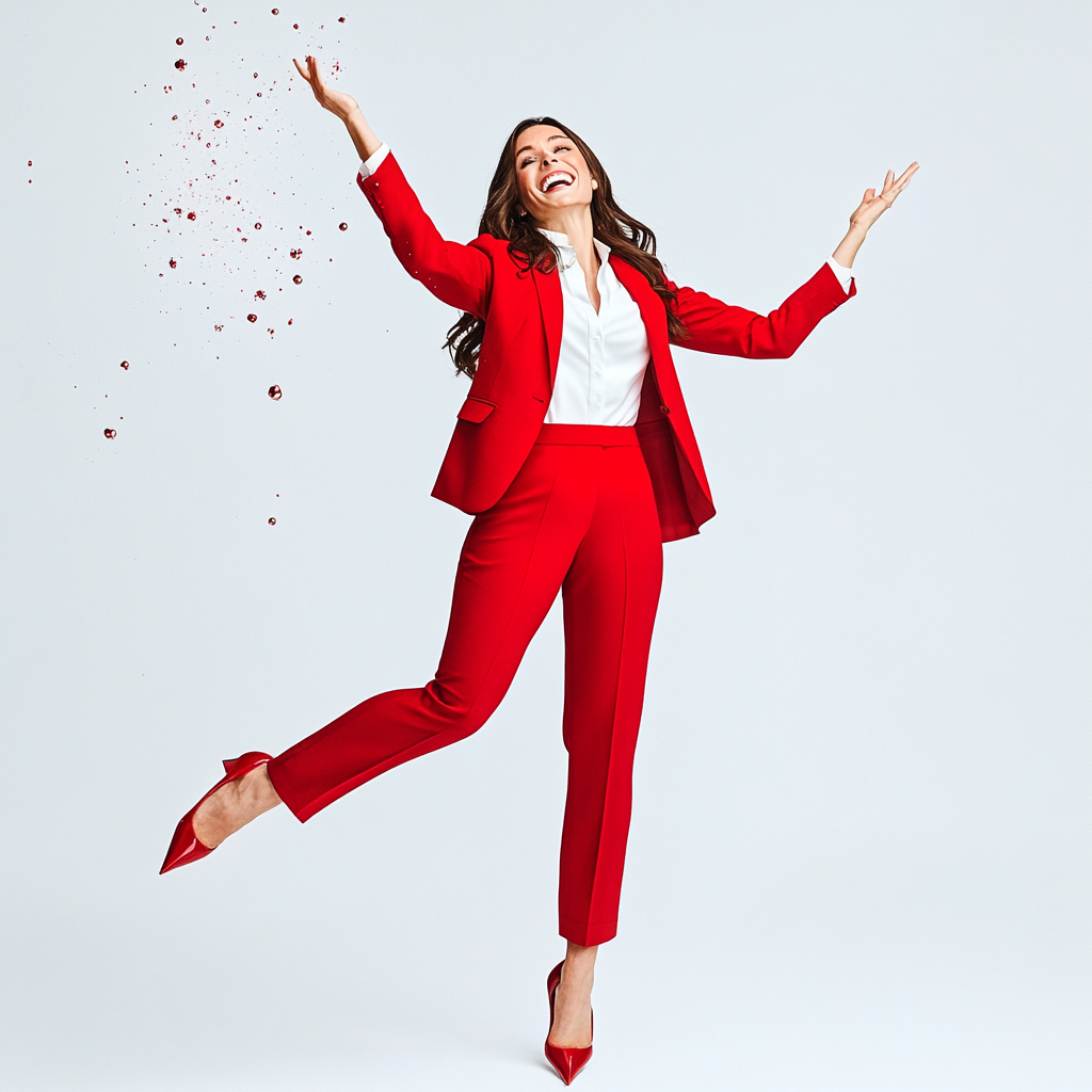 Allison Brie in red outfit, smiling and posing.