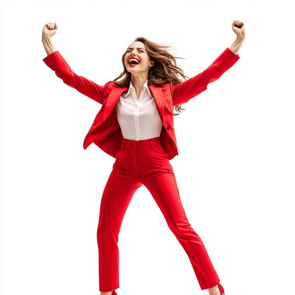 Allison Brie in red pant suit, heels, smiling professionally