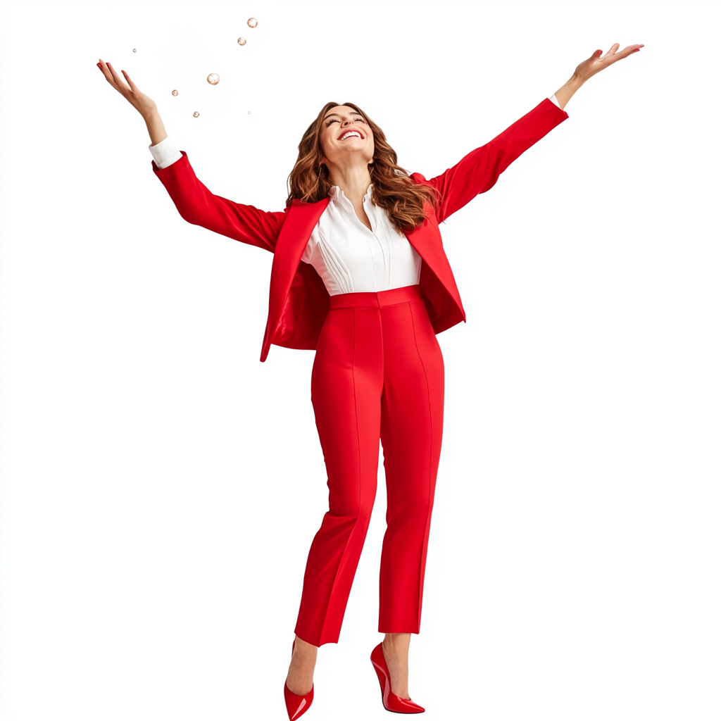 Allison Brie in red pant suit, heels, smiling.