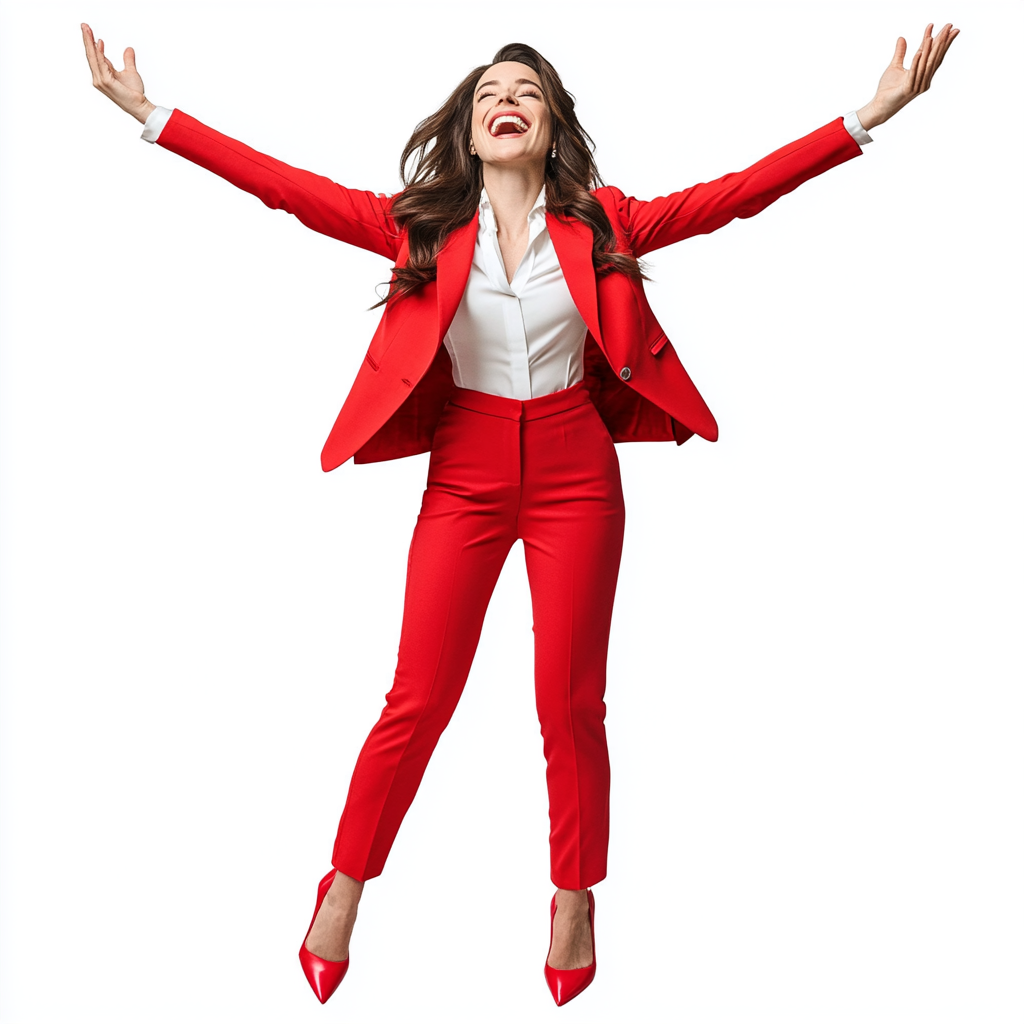 Allison Brie in red suit, heels, white shirt, smiling.