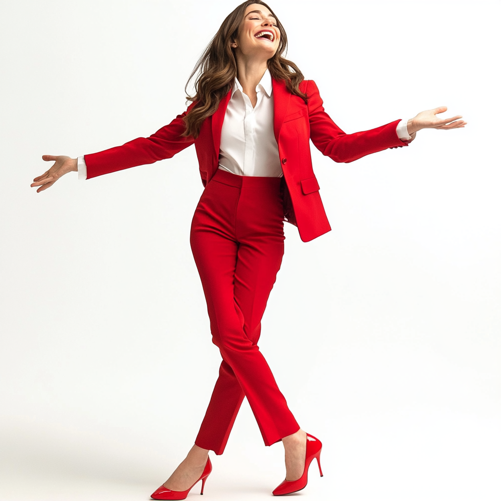 Allison Brie smiling, showcasing outfit on white background.