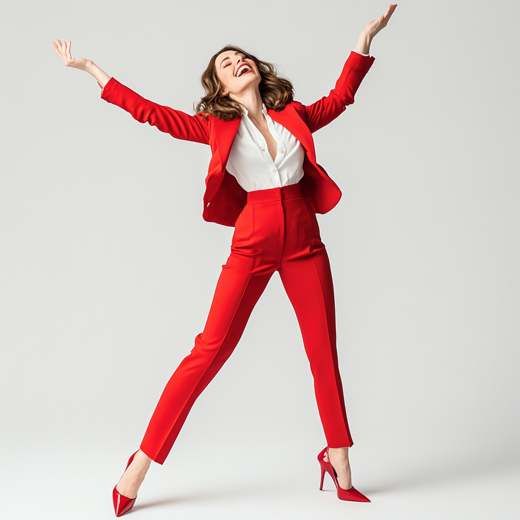 Allison Brie smiling in red pant suit, heels.