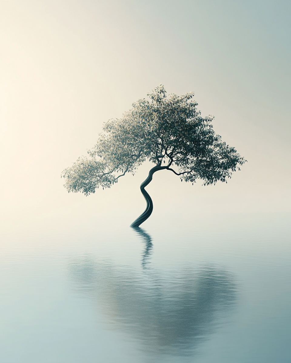 Alone, surreal tree on vast lake in high resolution.