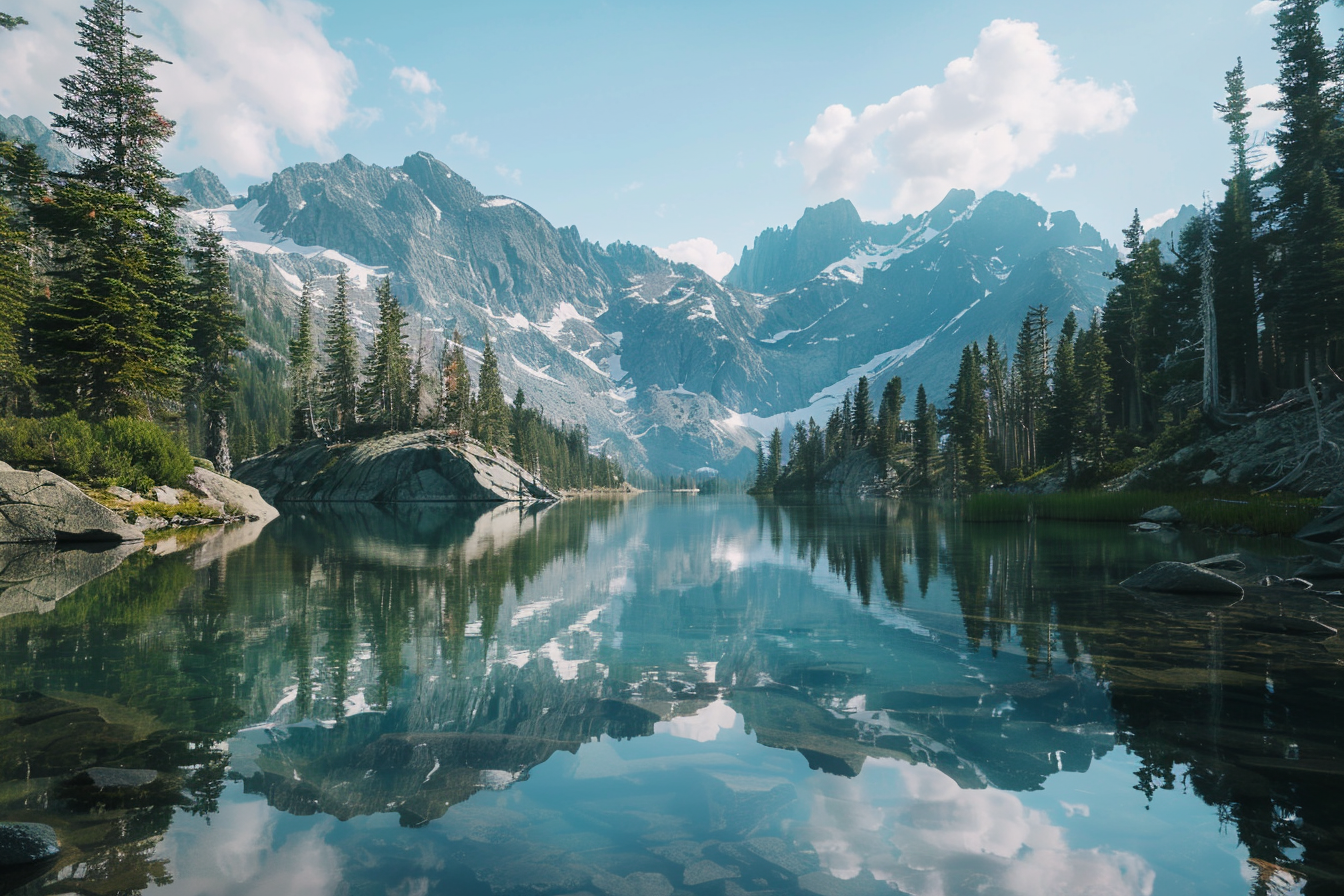 Alpine lake with calm water reflecting pine trees, mountains.