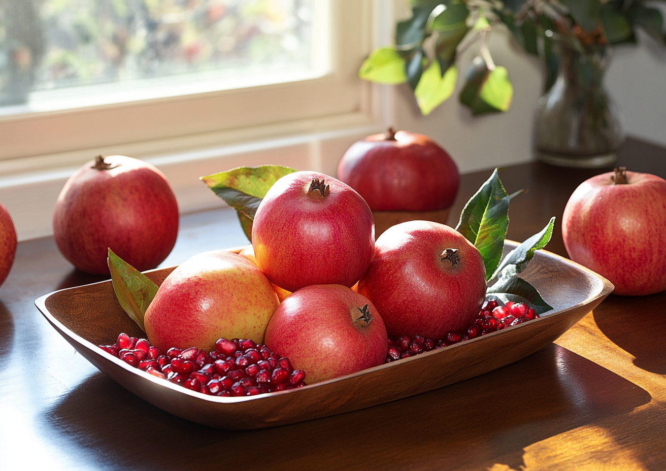 Alt Image Text: Apples and pomegranates in bowls around the house.