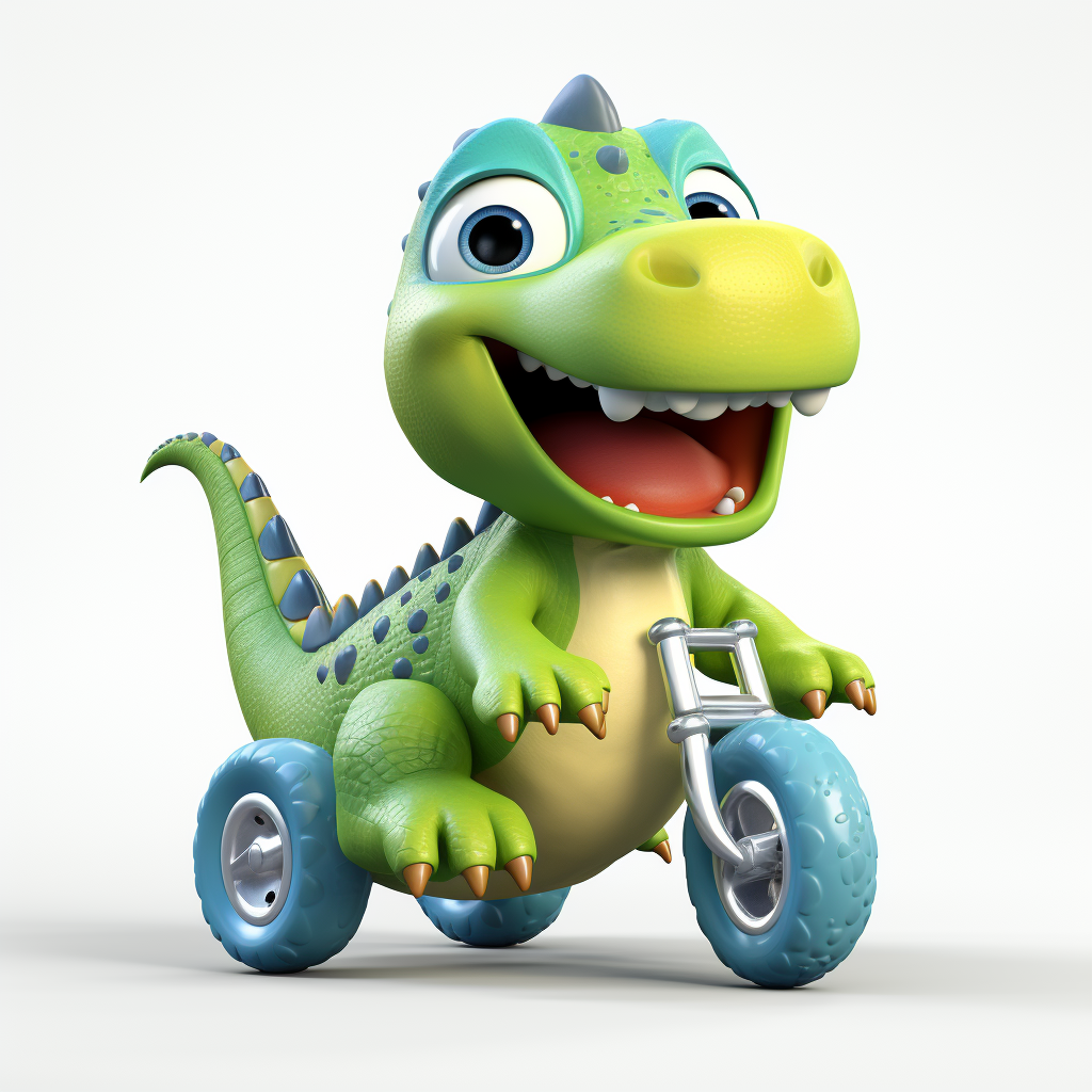 Alt Image Text: Cute baby dinosaur on colorful side bike tires.