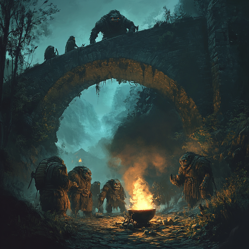 Alt text: Giant trolls around fire under bridge near cave opening.