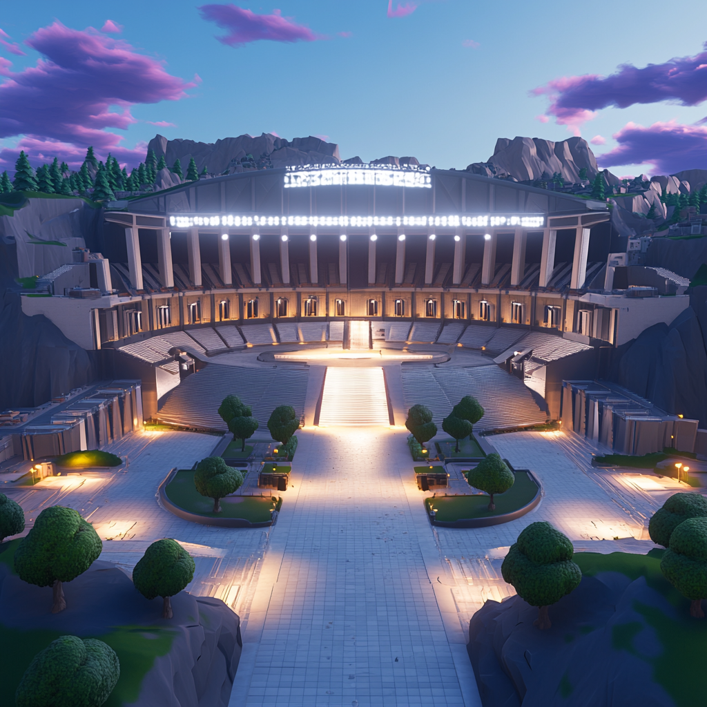 Alt text: Modern stadium entrance with Roman landscaping and lighting.