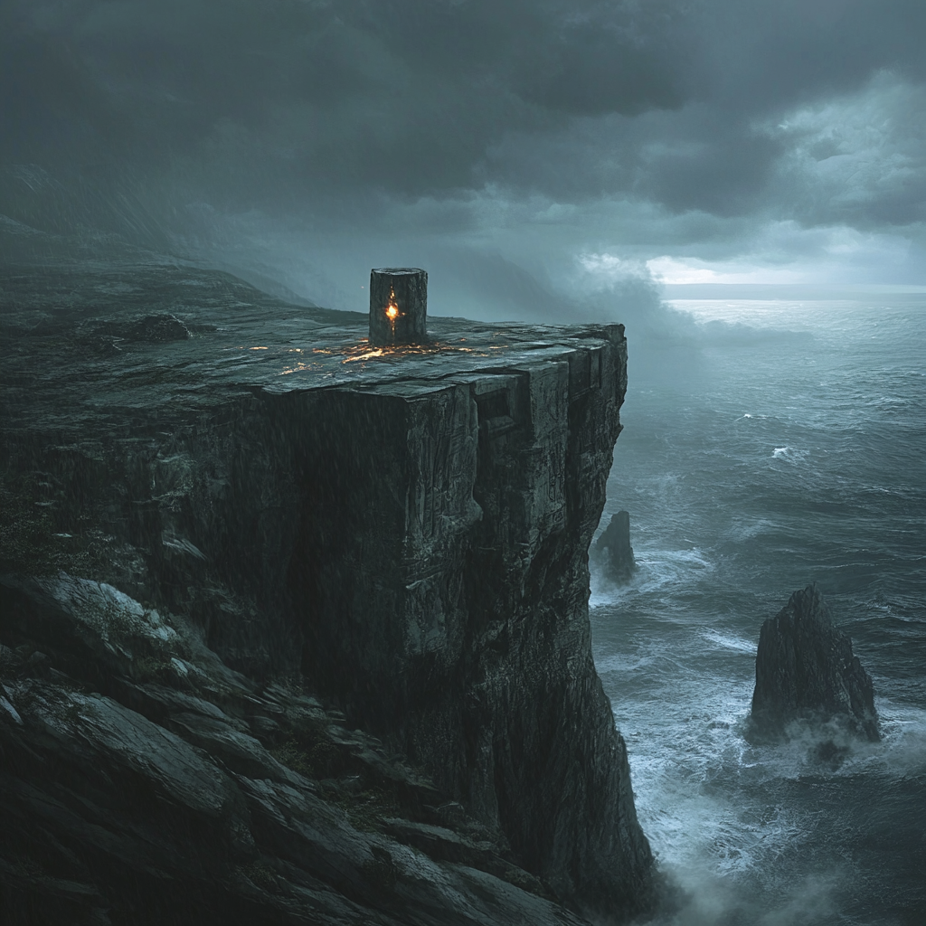 Altar stands on cliff, overlooking stormy ocean. Fog rolls.