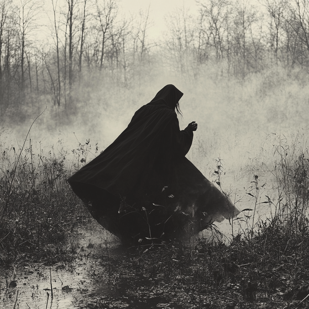 Alternative text: Witch in swamp wearing flowing cloak, black & white