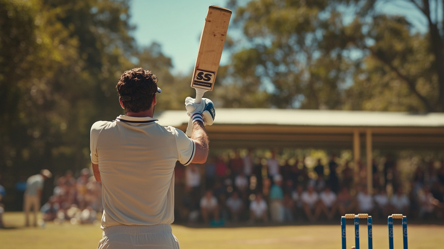 Amateur cricket batsman holding bat in cricket whites.