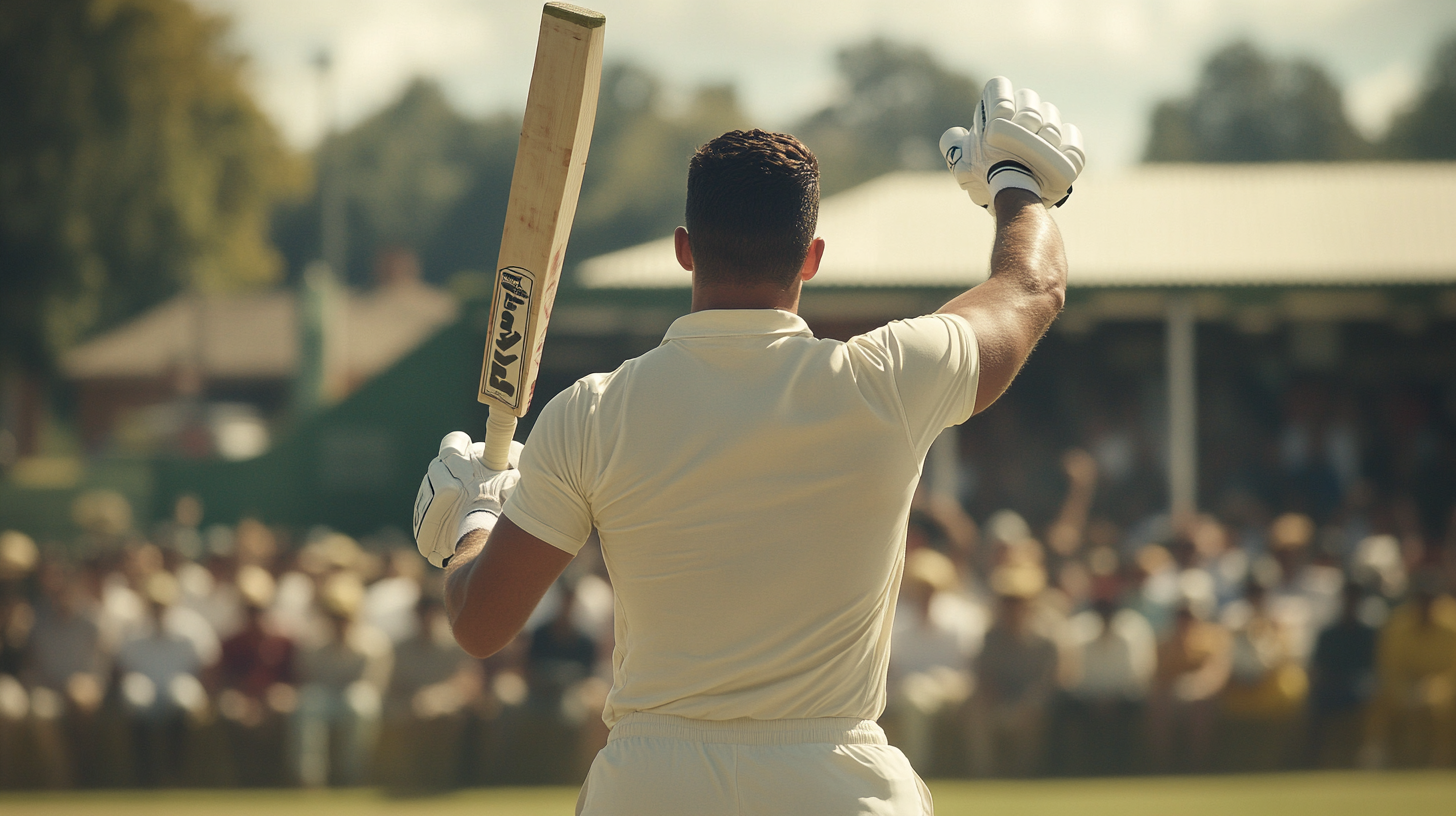 Amateur cricket batsman standing heroically with batting glove.