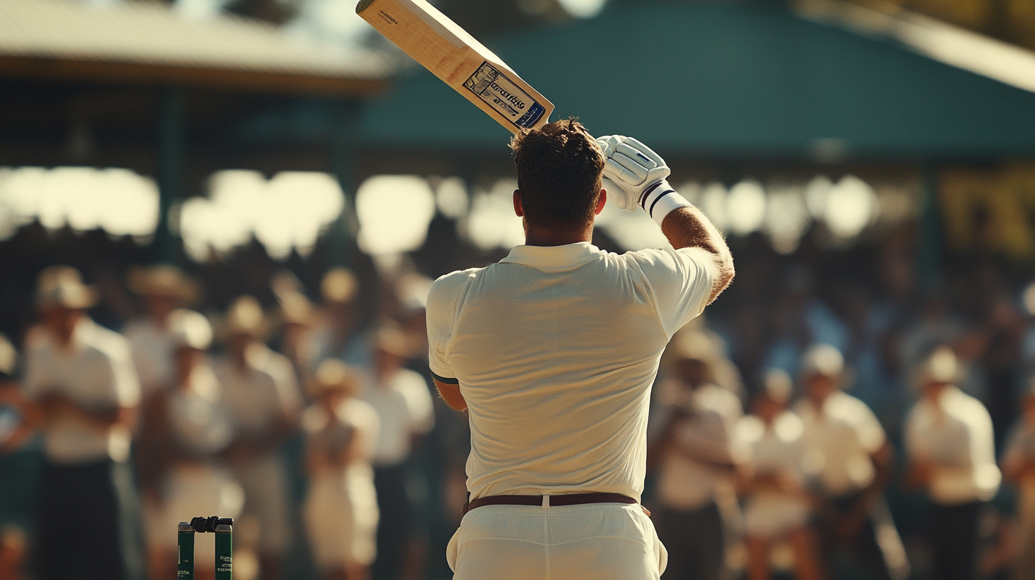 Amateur cricket player in cricket whites posing heroically.