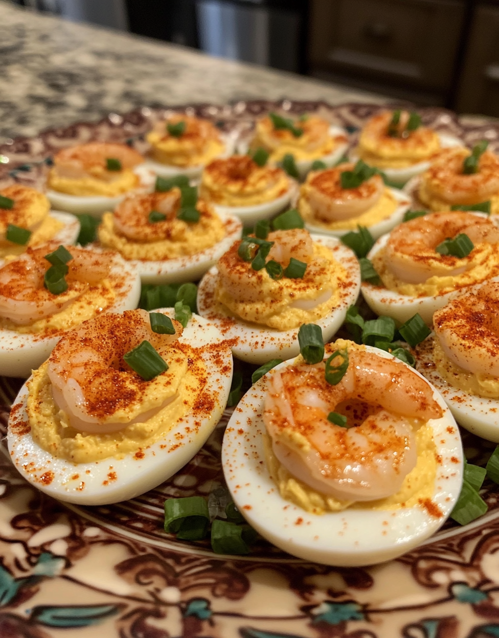 Amateur photo of deviled eggs with shrimp topping.