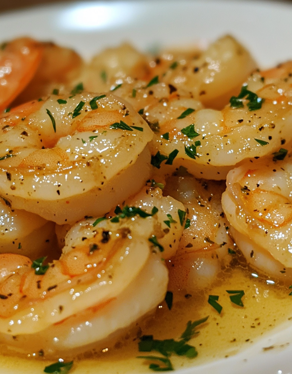 Amateur photo of golden shrimp in garlic butter sauce.