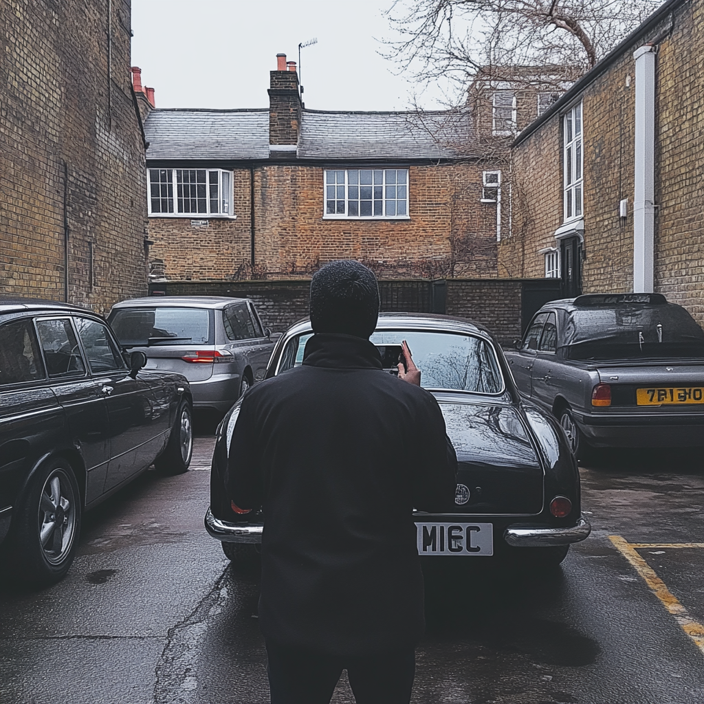 Amateur photo of man in London parking lot.