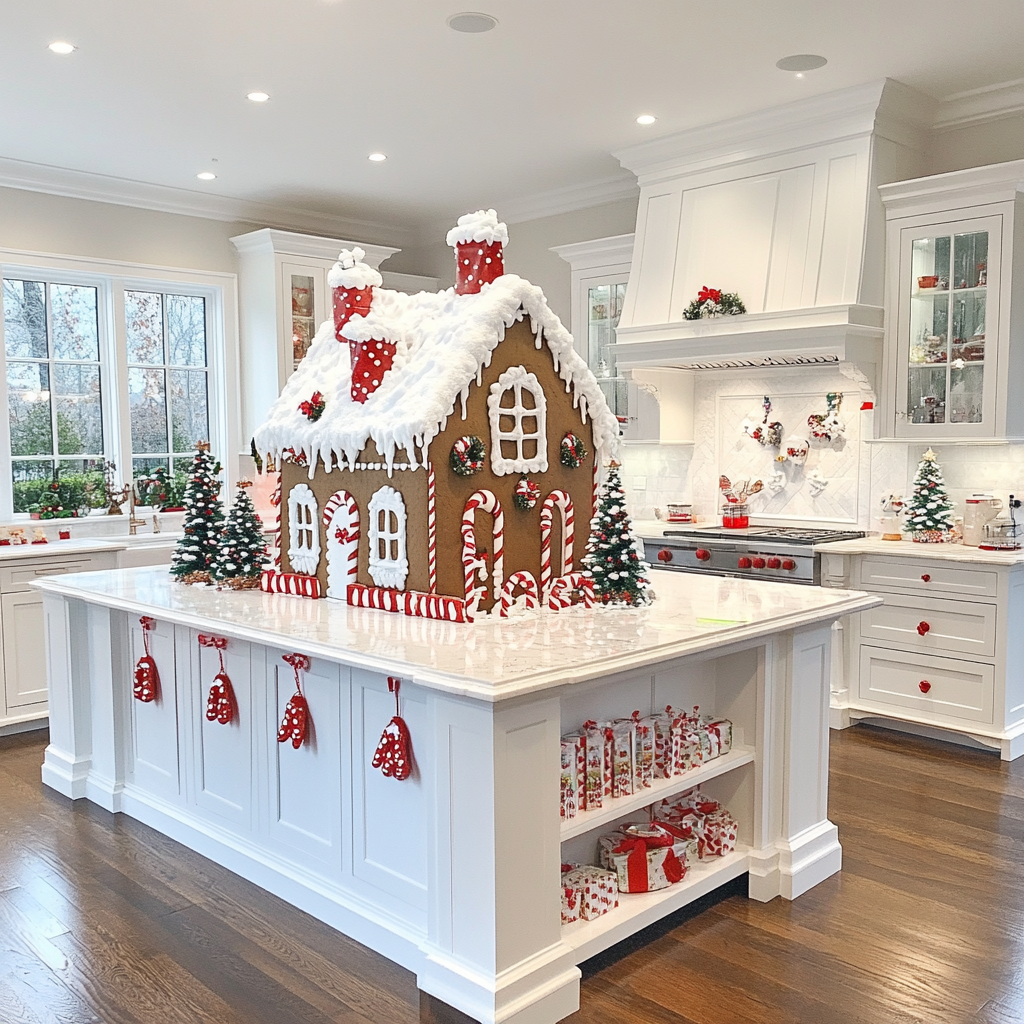 Amazing gingerbread Christmas decorations in modern kitchen.