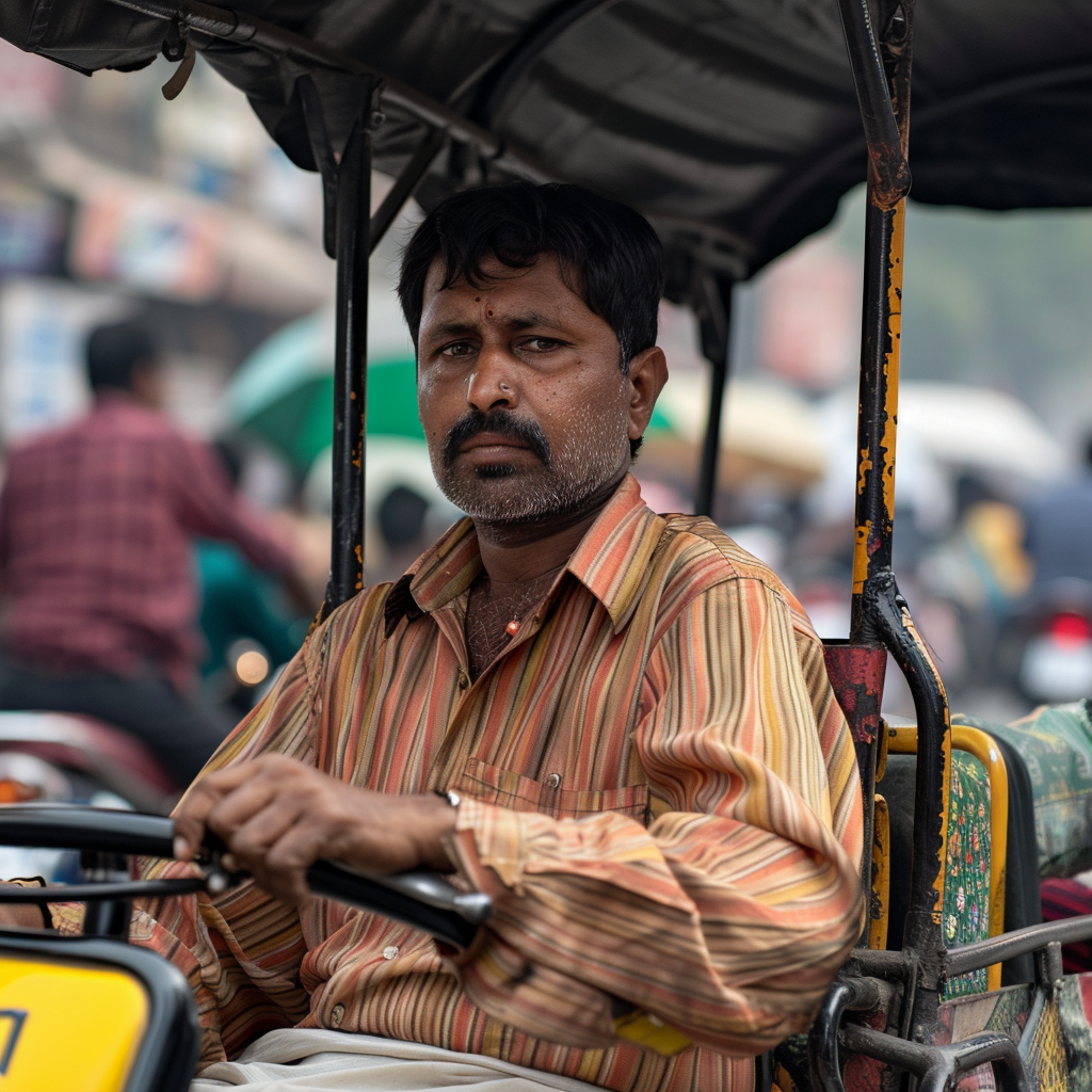 Amazon assistant chatting with angry customers while driving rickshaw.