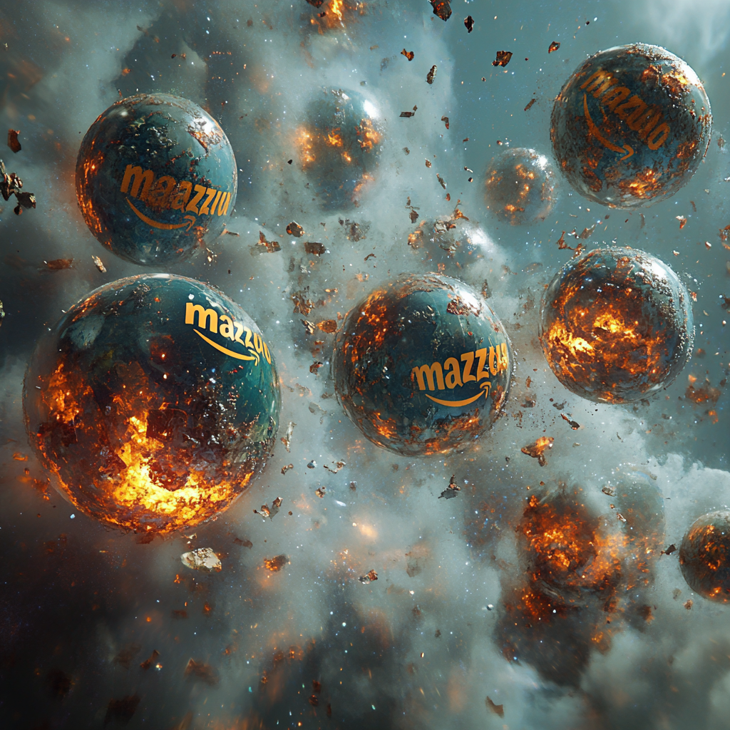 Amazon logo globes explode in chaotic space scene.