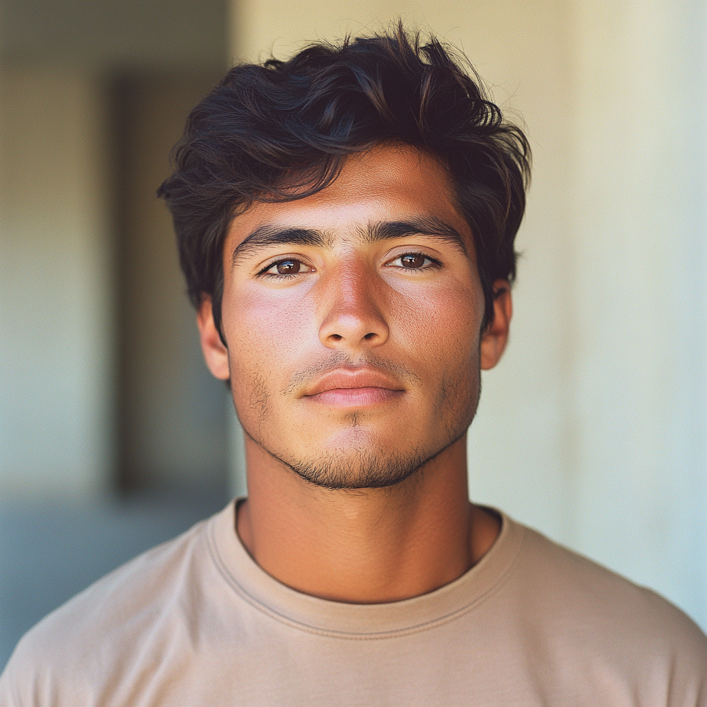 American-Mexican-Portuguese man with oblong face. Dark brown hair, eyes, tan skin. Plain t-shirt. Kodak Portra 160 film.