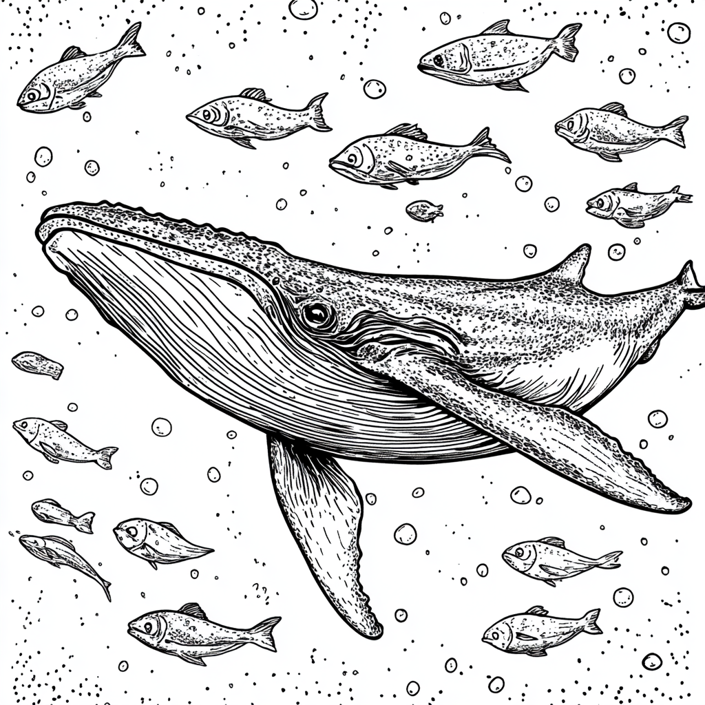 American animated film illustration of a baleen whale. Sea life.