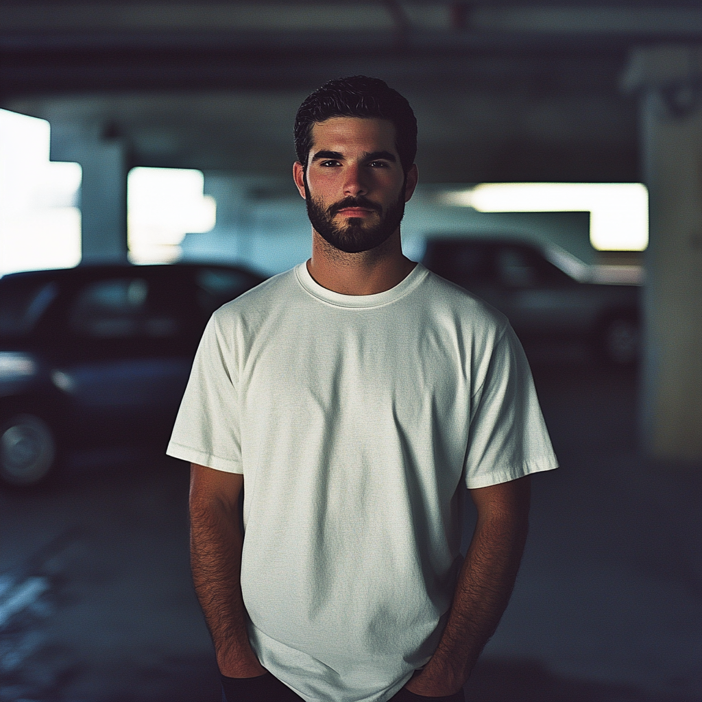 American man modeling white tshirt in car basement. Shot on Kodak Portra 400 film.