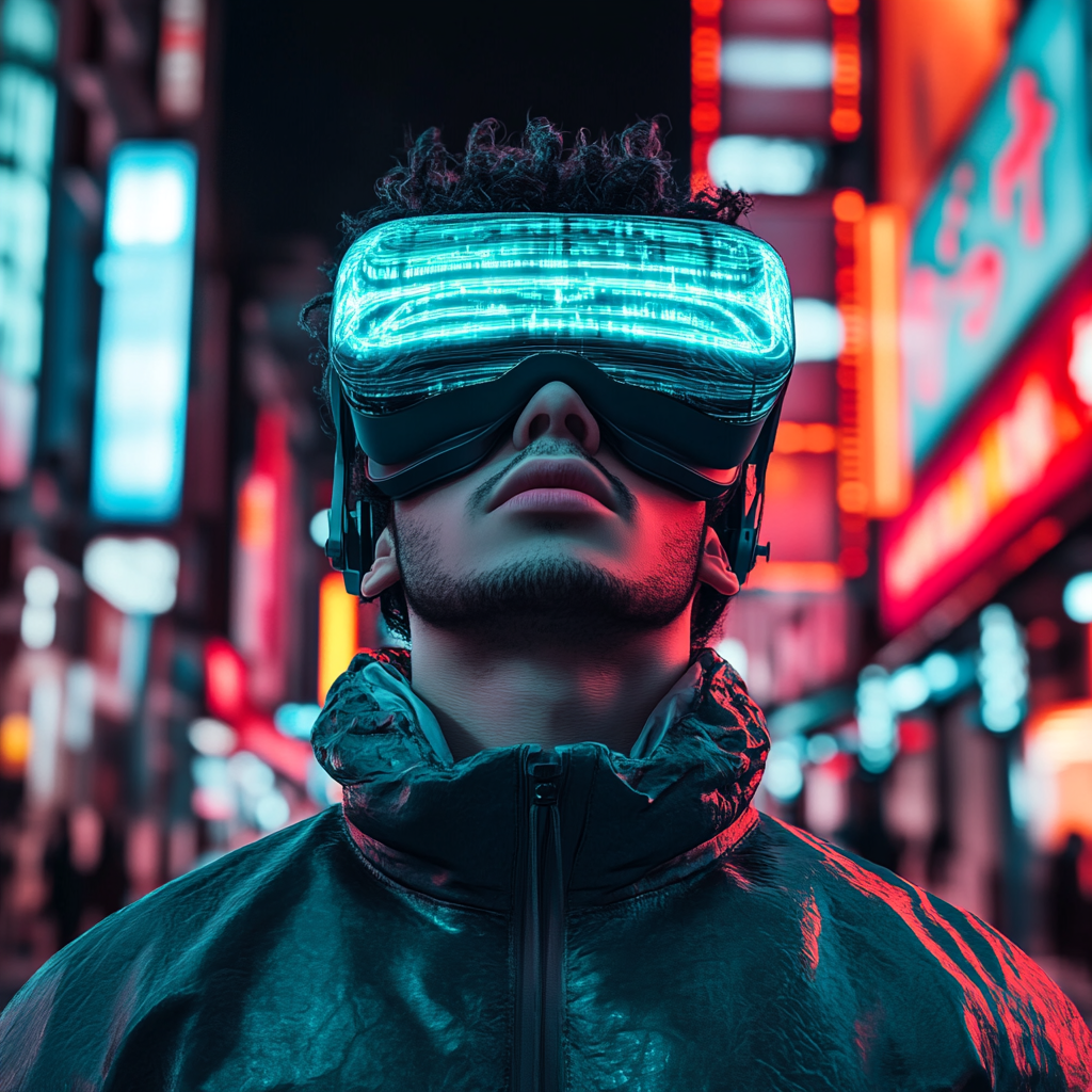 American man with VR headset in cyberpunk city.