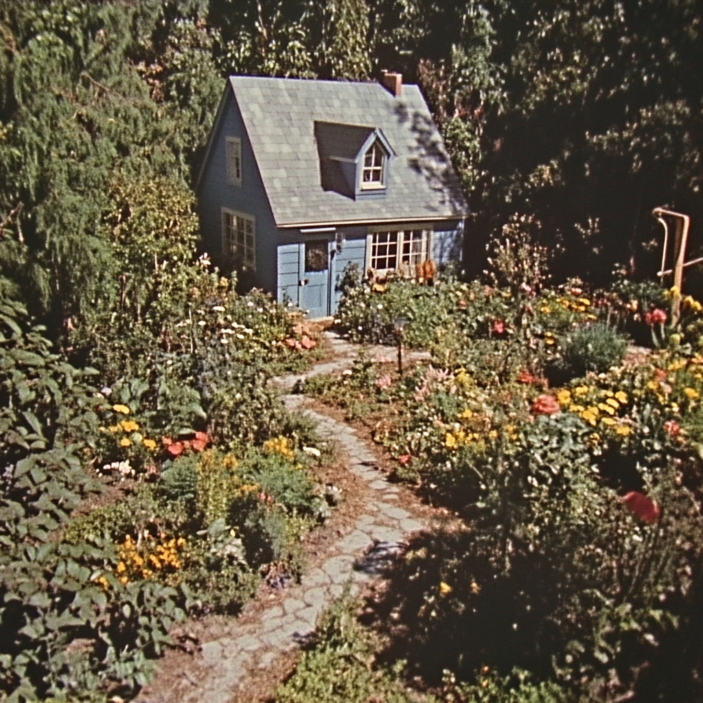 American middle class village garden, noisy VHS tape quality.