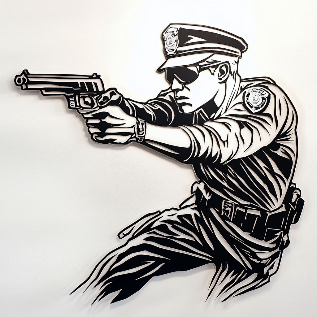 American police officer in dynamic action on metal wall