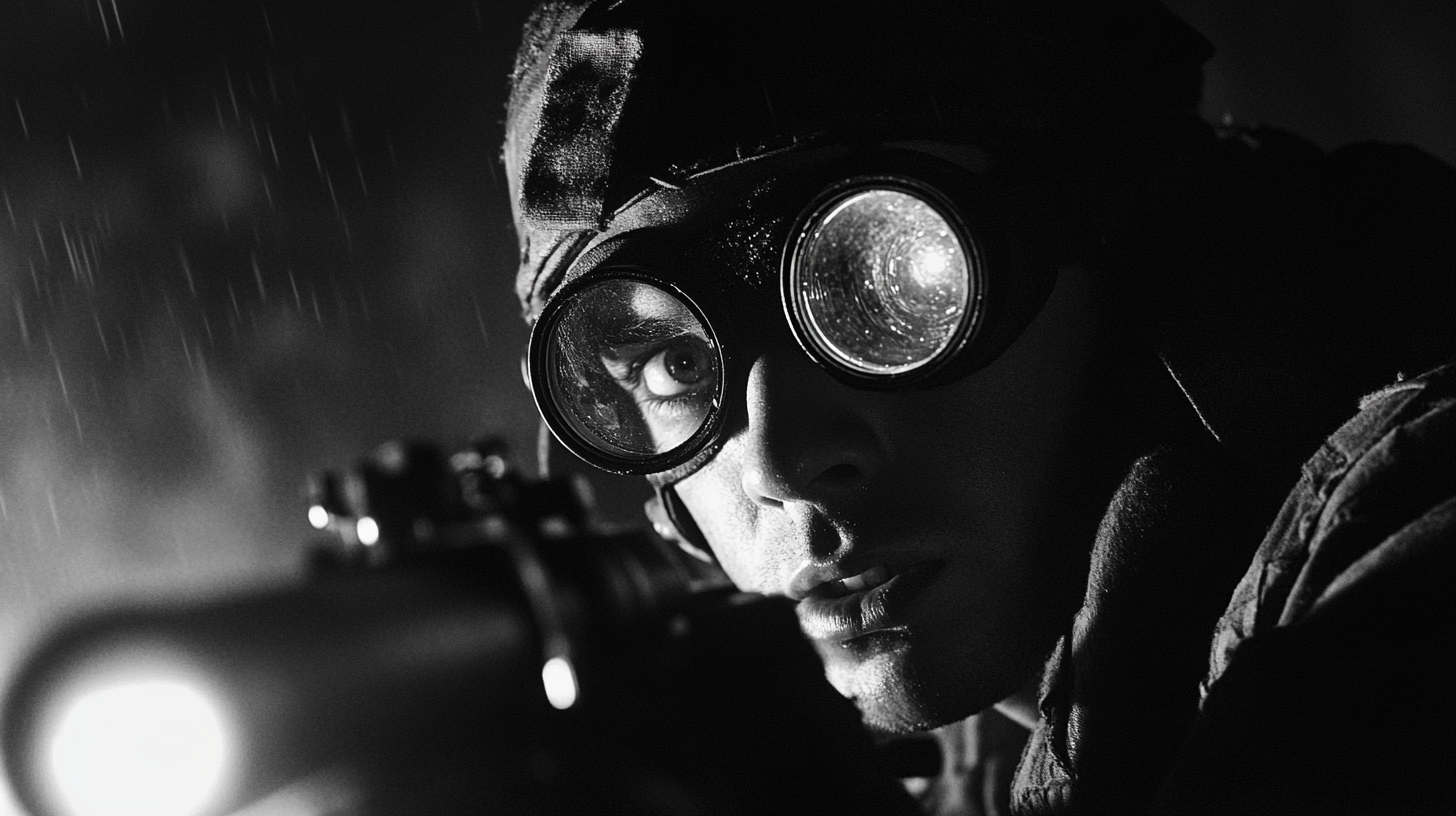 American soldier in Berlin uses futuristic night-vision goggles.