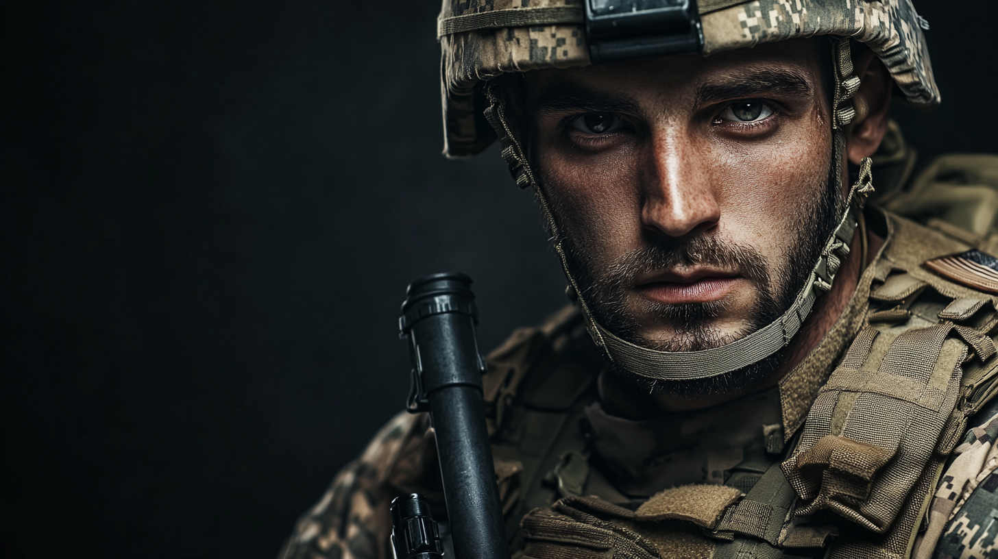 American soldier in dramatic studio lighting, high quality portrait.