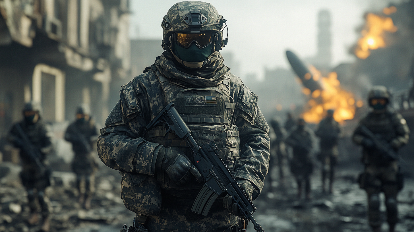 American soldier with gun standing amidst destroyed enemy base.