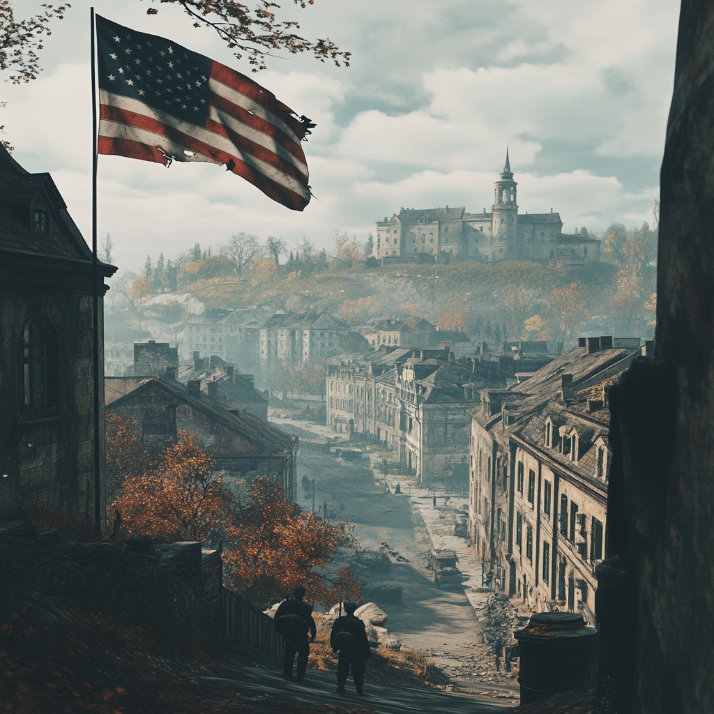 American soldiers raise flag in liberated Vilnius, 1950s cinematic.