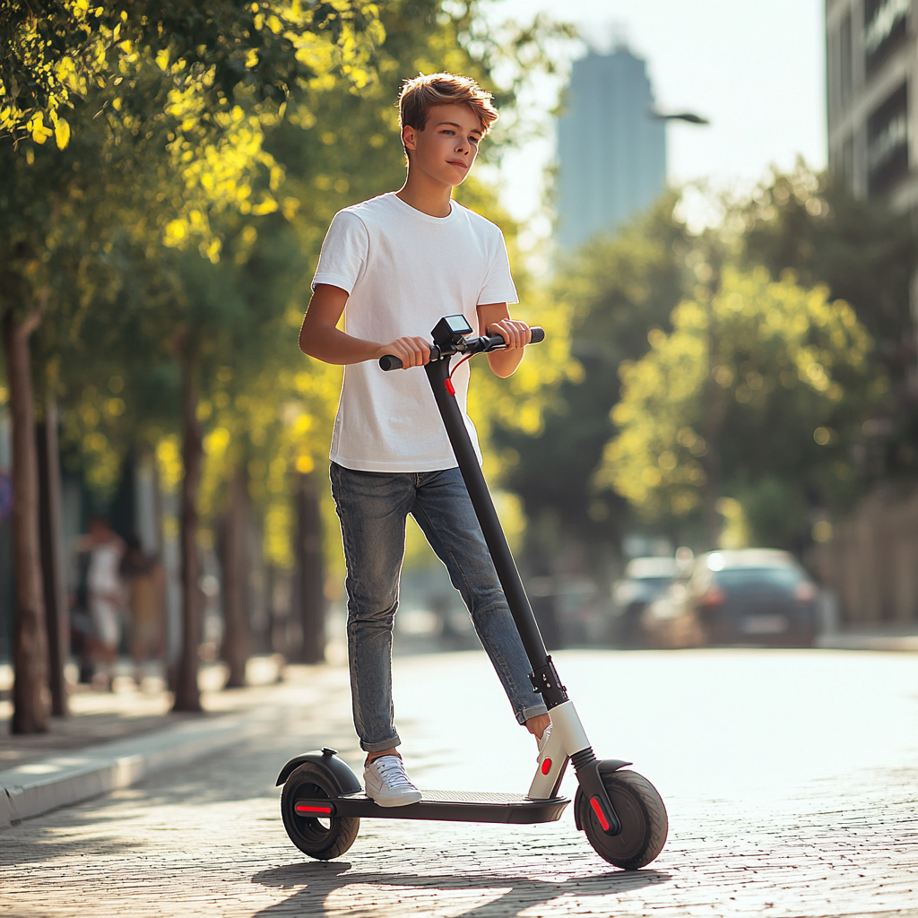 American street with boys riding electric scooters.