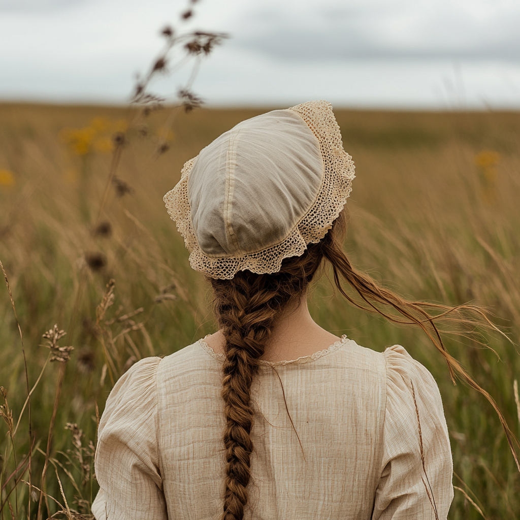 American woman pioneer in sunbonnet, gazing at prairie grasses.