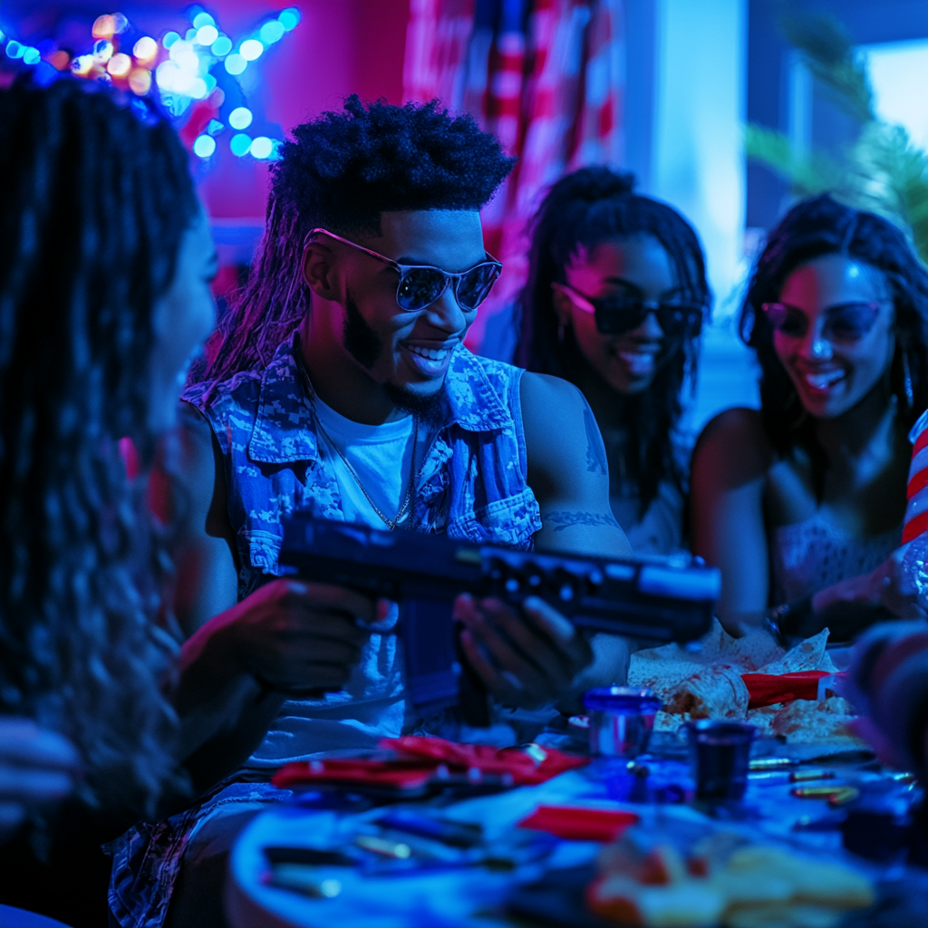 Americans partying with toy gun under blue and purple lights.