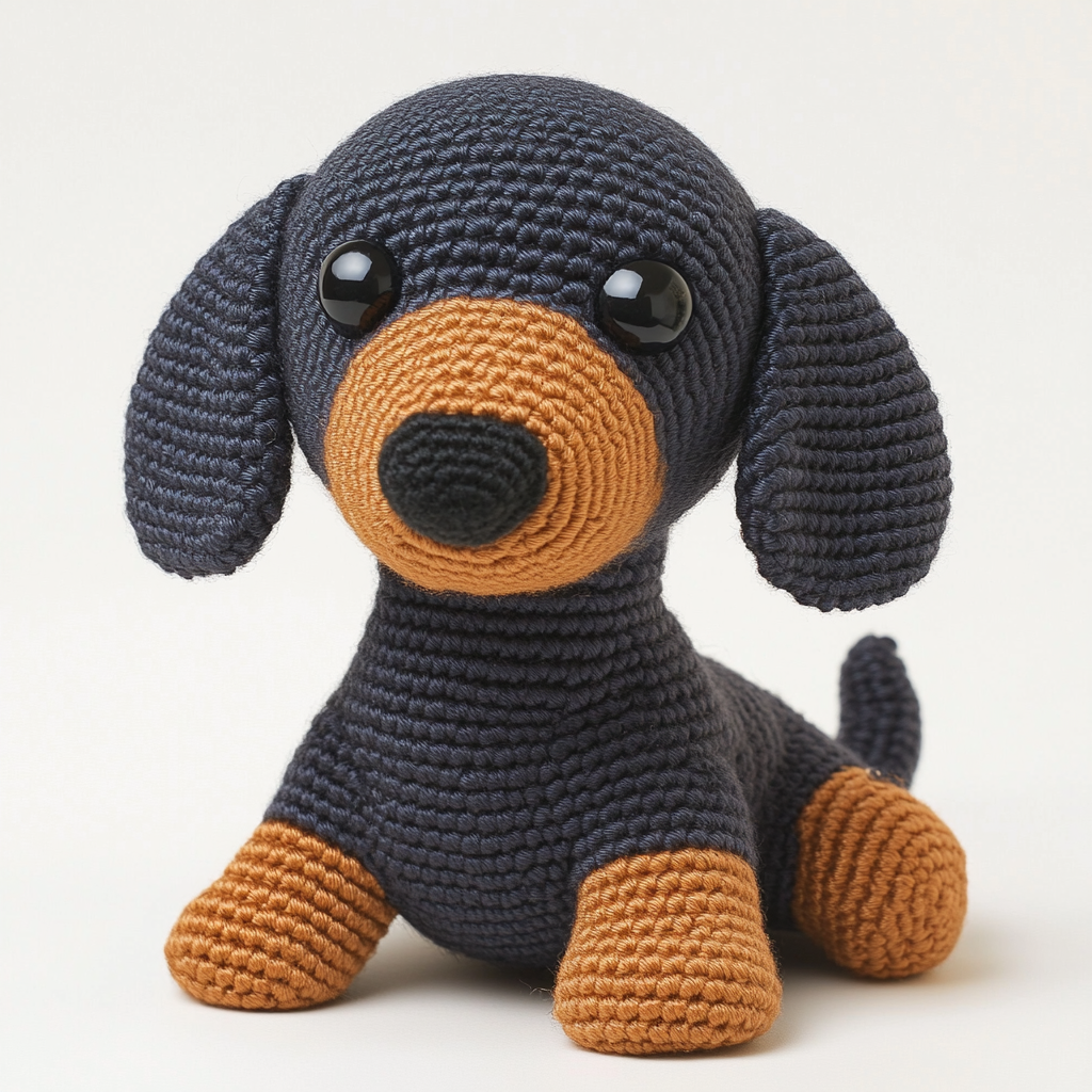 Amigurumi Dachshund named Pipoca, fluffy body, floppy ears.