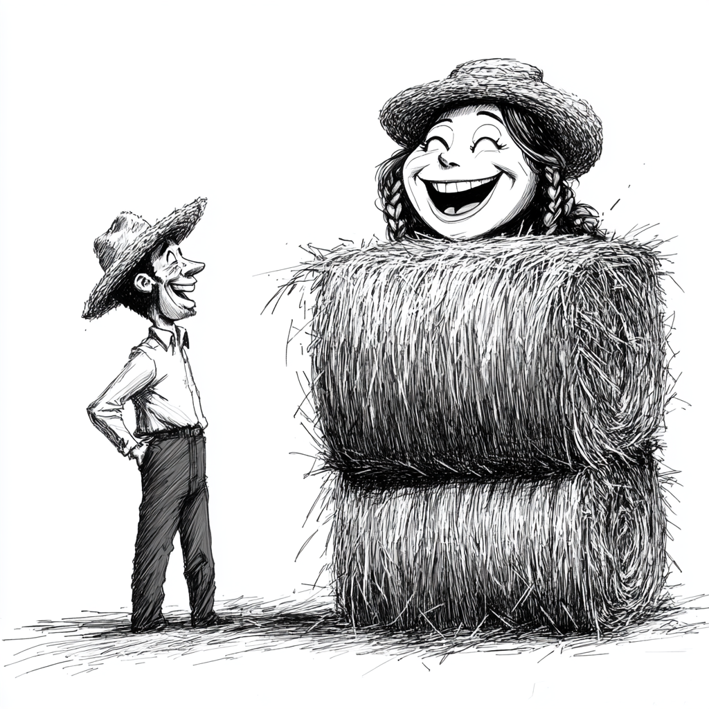 Amused Man and Laughing Woman in Hay Bales