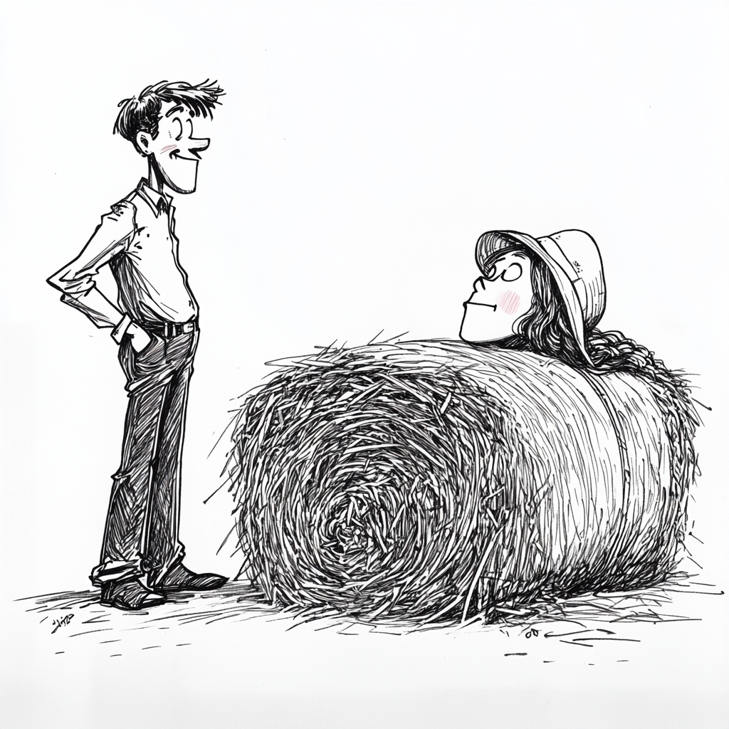 Amused Man with Hay Bale Woman Drawing - Black and White