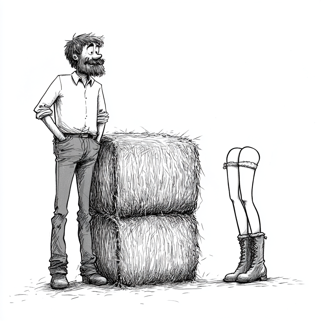 Amused man by bales of hay with woman legs.