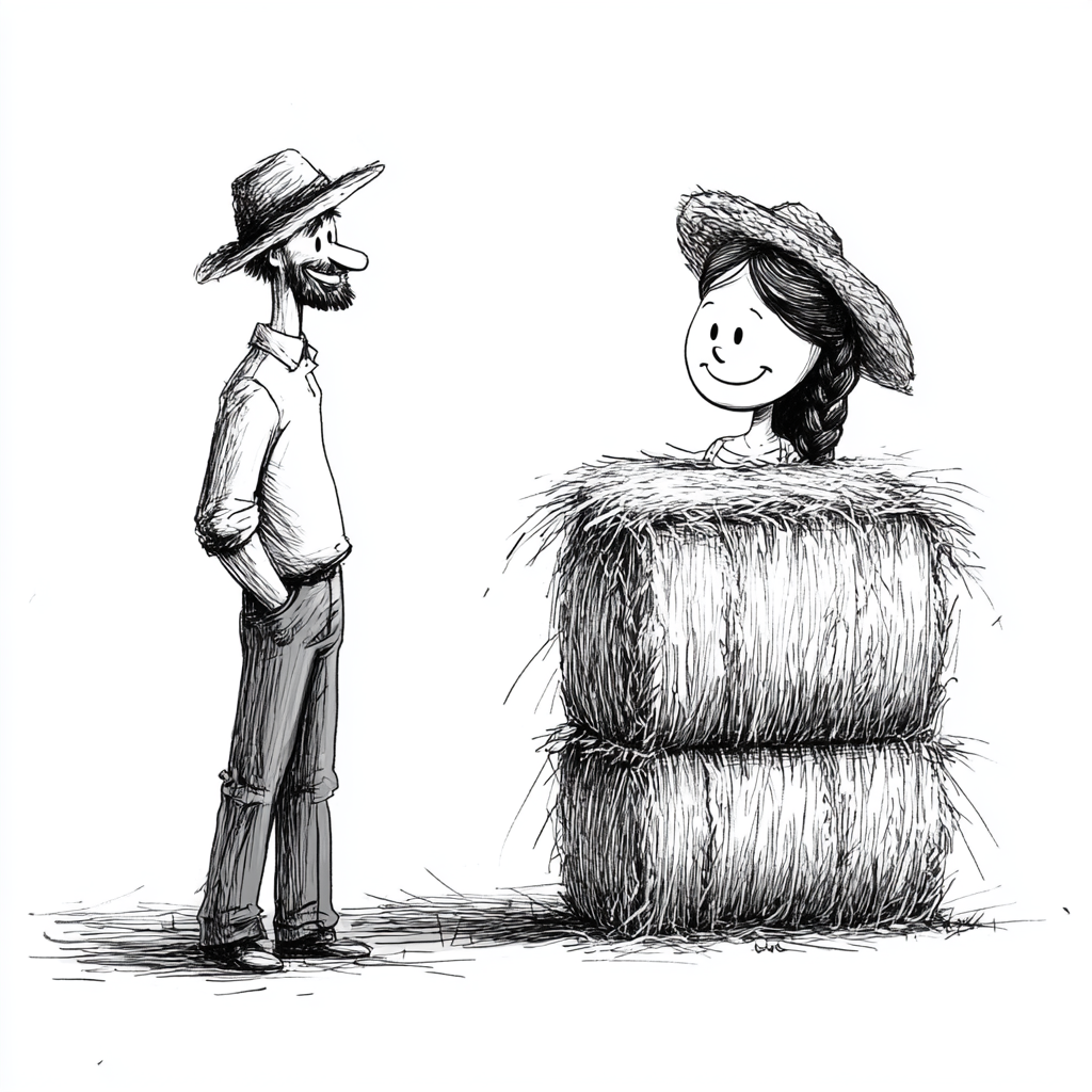 Amused man with woman head in hay drawing