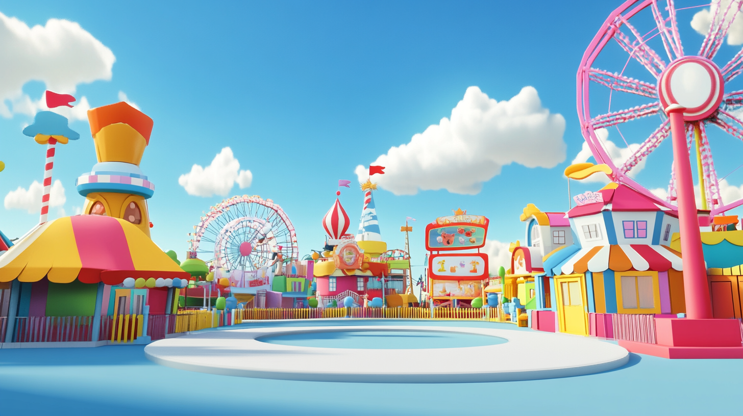 Amusement park with cute 3D cartoon style buildings.