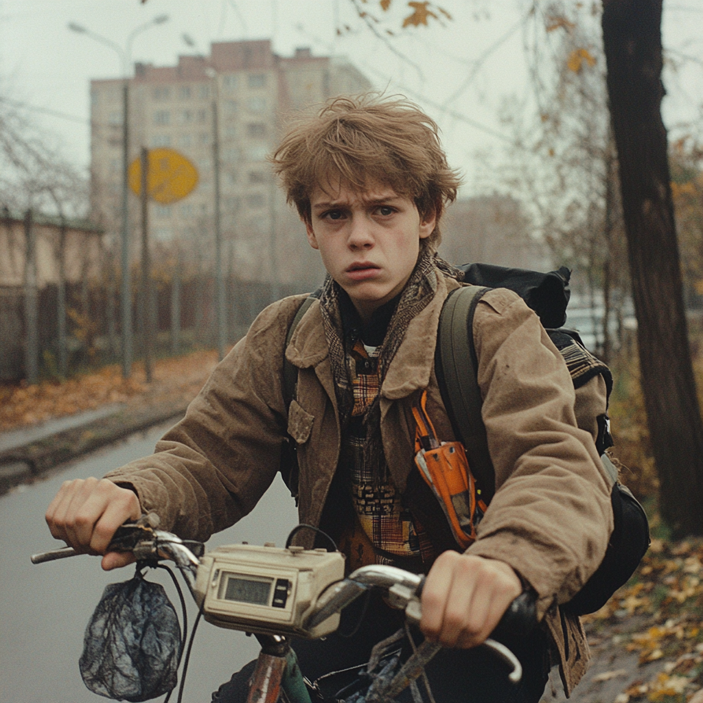 An 18-year-old boy riding a bike and crying